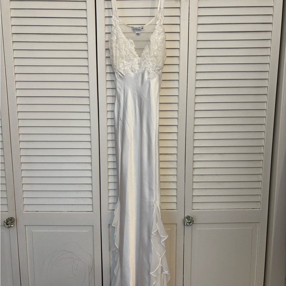 Elegant White Satin Gown with lace and pearls